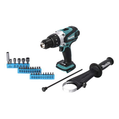 Taladro percutor inalámbrico Makita DHP 458 Z 18 V 91 Nm + juego de puntas 26 piezas - sin batería, sin cargador