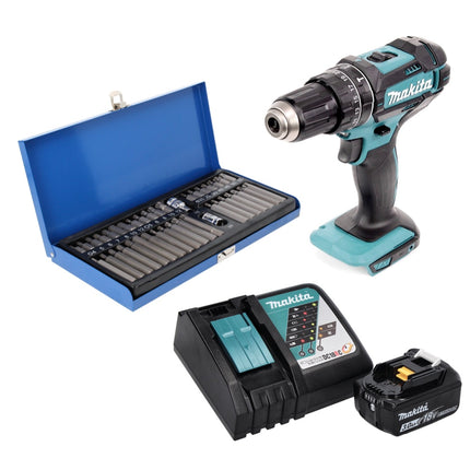 Taladro percutor inalámbrico Makita DHP 482 RF1 18 V 62 Nm + 1x batería 3,0 Ah + cargador + juego de puntas 40 piezas