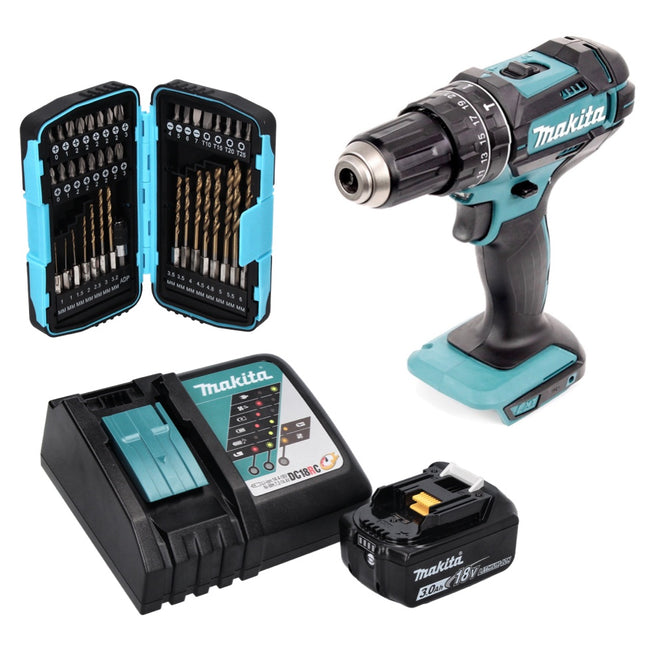 Makita DHP 482 RF1 Perceuse-visseuse à percussion sans fil 18 V 62 Nm + 1x Batterie 3,0 Ah + Chargeur + Jeu de forets - 40 pièces