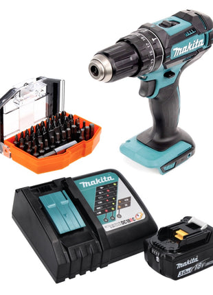 Makita DHP 482 Perceuse-visseuse à percussion sans fil RF1 18 V 62 Nm + 1x Batterie 3,0 Ah + Chargeur + Jeu d'embouts - 44 pièces