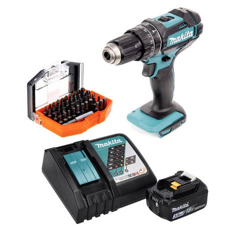 Taladro percutor inalámbrico Makita DHP 482 RF1 18 V 62 Nm + 1x batería 3,0 Ah + cargador + juego de puntas 44 piezas