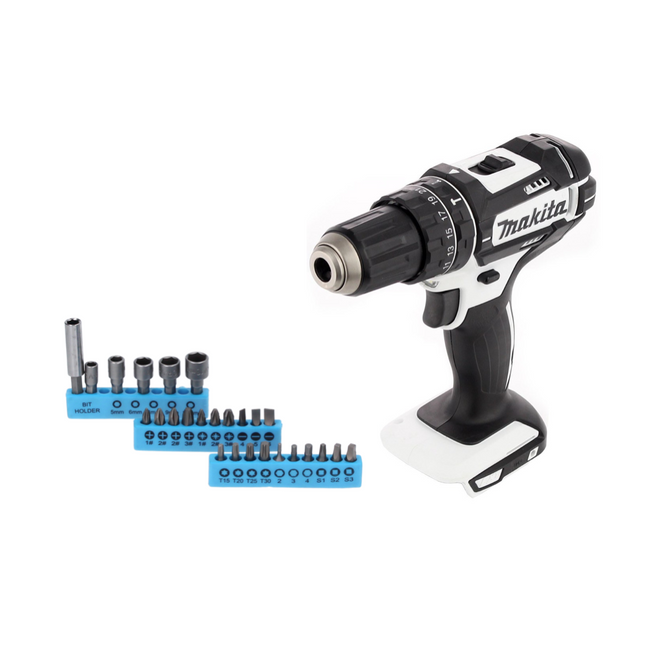 Taladro percutor inalámbrico Makita DHP 482 ZW 18 V 62 Nm + juego de puntas 26 piezas - sin batería, sin cargador
