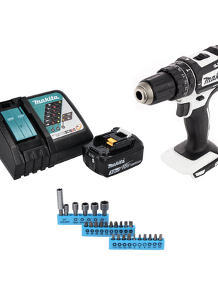 Taladro percutor inalámbrico Makita DHP 482 RF1W 18 V 62 Nm + 1x batería 3,0 Ah + cargador + juego de puntas 26 piezas