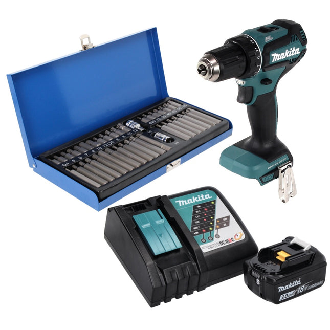 Makita DDF 485 RF1 Cordless Drill driver, 50 Nm, 18 V, Brushless + 1x Battery 3,0 Ah + Charger + 40 pcs. Bit set