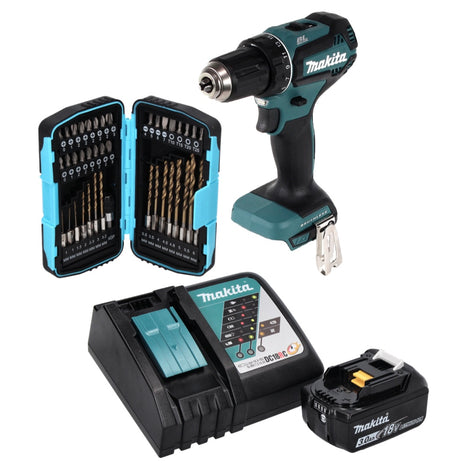 Makita DDF 485 RF1 taladro atornillador inalámbrico 18 V 50 Nm sin escobillas + 1x batería 3,0 Ah + cargador + juego de brocas de 40 piezas