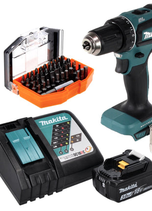 Makita DDF 485 RF1 taladro atornillador inalámbrico 18 V 50 Nm sin escobillas + 1x batería 3,0 Ah + cargador + juego de puntas 44 piezas