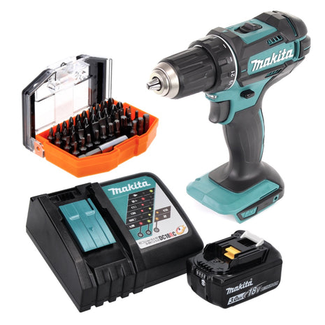 Makita DDF 482 RF1 taladro atornillador inalámbrico 18 V 62 Nm + 1x batería 3,0 Ah + cargador + juego de puntas 44 piezas