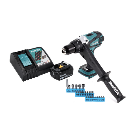 Makita DDF 458 RF1 Perceuse-visseuse sans fil 18 V 91 Nm + 1x Batterie 3,0 Ah + Chargeur + Jeu d'embouts - 26 pièces