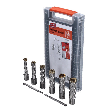 FEIN Best of broca hueca HSS Nova 50, juego de accesorios 8 piezas (63134999063) 3/4" Weldon 12 - 22 mm