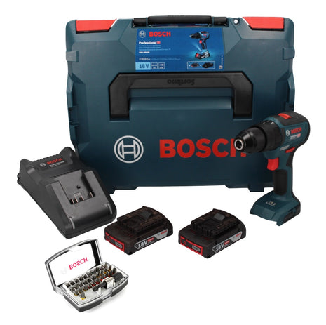 Bosch GSB 18V-55 Professional taladro percutor inalámbrico 18 V 55 Nm sin escobillas + 2 baterías 2,0 Ah + cargador + L-Boxx (06019H5370) + juego de puntas Bosch de 32 piezas en una robusta caja gris (2607017319)