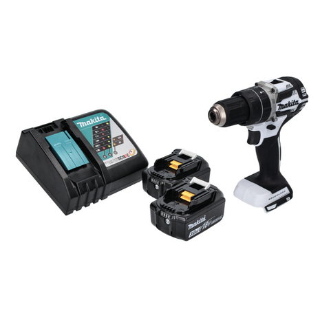 Makita DHP 484 RF W Taladro percutor inalámbrico 18 V 54 Nm sin escobillas blanco + 2x baterías 3,0 Ah + cargador