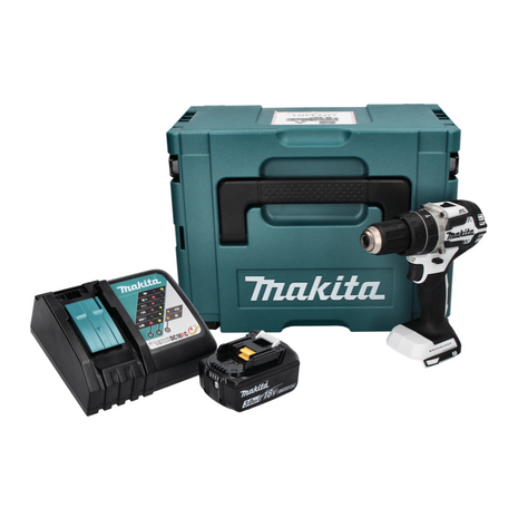 Makita DHP 484 RF1J W Taladro percutor inalámbrico 18 V 54 Nm sin escobillas blanco + 1x batería 3,0 Ah + cargador + Makpac