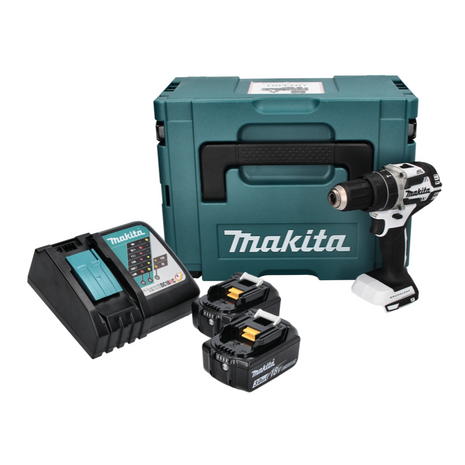 Makita DHP 484 RFJ W Perceuse-visseuse à percussion sans fil 18 V 54 Nm Brushless + 2x Batteries 3,0 Ah + Chargeur + Makpac