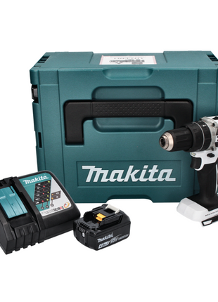 Makita DHP 484 RM1J W Taladro percutor inalámbrico 18 V 54 Nm sin escobillas blanco + 1x batería 4,0 Ah + cargador + Makpac