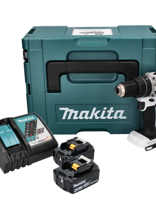 Makita DHP 484 RMJ W akumulatorowa wiertarka udarowa 18 V 54 Nm bezszczotkowa biała + 2x akumulator 4,0 Ah + ładowarka + Makpac