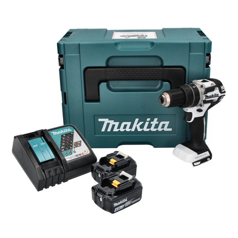 Makita DHP 484 RMJ W Taladro percutor inalámbrico 18 V 54 Nm sin escobillas blanco + 2x baterías 4,0 Ah + cargador + Makpac