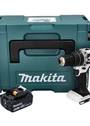 Makita DHP 484 T1J W Taladro percutor inalámbrico 18 V 54 Nm sin escobillas blanco + 1x batería 5,0 Ah + Makpac - sin cargador