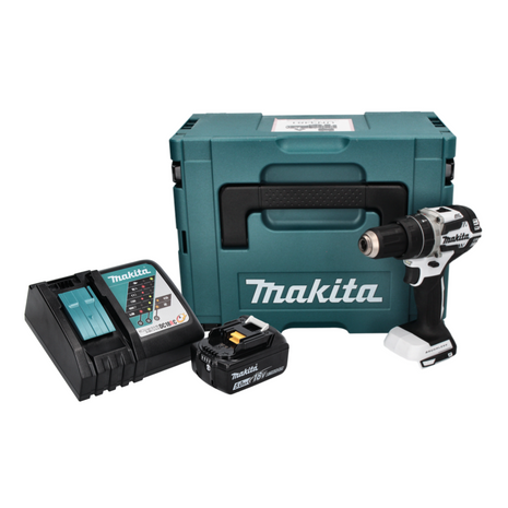 Makita DHP 484 RT1J W Perceuse-visseuse à percussion sans fil 18 V 54 Nm Brushless + 1x Batterie 5,0 Ah + Chargeur + Makpac