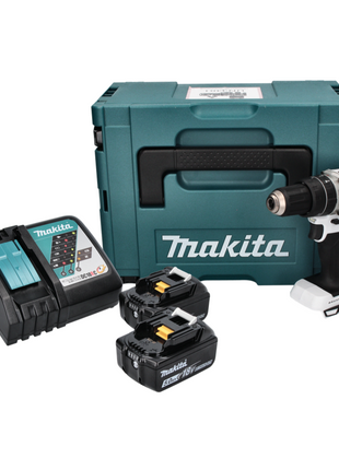 Makita DHP 484 RTJ W akumulatorowa wiertarko-wkrętarka udarowa 18 V 54 Nm bezszczotkowa biała + 2x akumulator 5,0 Ah + ładowarka + Makpac