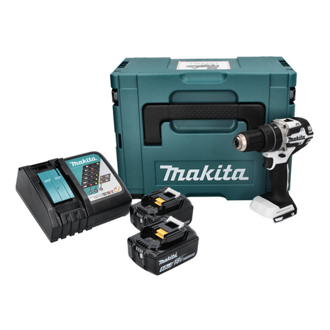 Makita DHP 484 RTJ W akumulatorowa wiertarko-wkrętarka udarowa 18 V 54 Nm bezszczotkowa biała + 2x akumulator 5,0 Ah + ładowarka + Makpac