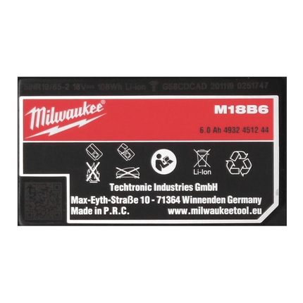 Milwaukee M18 B6 Batteria 18 V / 6,0 Ah / 6000 mAh ( 4932451244 )