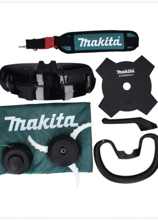 Desbrozadora de batería Makita UR 003 GZ01 40 V Brushless IPX4 + correa para el hombro + cabezal de cuchillo + cabezal de hilo + cuchillo mosca + bolsa - sin batería, sin cargador