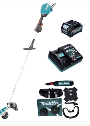 Desbrozadora de batería Makita UR 003 GD101 40 V sin escobillas IPX4 + batería 2,5 Ah + cargador + bandolera + cabezal de cuchillo + cabezal de hilo + cuchillo mosca + bolsa