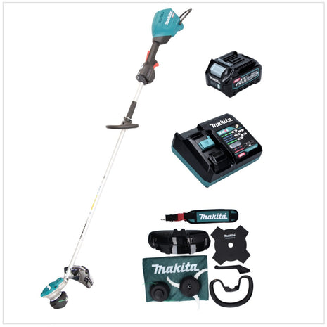 Desbrozadora de batería Makita UR 003 GD101 40 V sin escobillas IPX4 + batería 2,5 Ah + cargador + bandolera + cabezal de cuchillo + cabezal de hilo + cuchillo mosca + bolsa