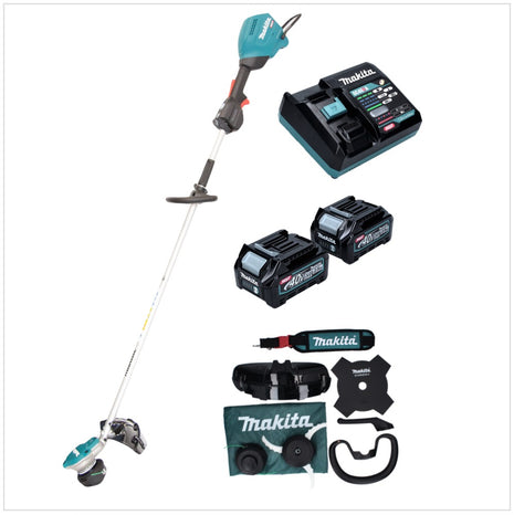 Desbrozadora de batería Makita UR 003 GD201 40 V sin escobillas IPX4 + 2x baterías 2,5 Ah + cargador + correa para el hombro + cabezal de cuchilla + cabezal de hilo + navaja + bolsa