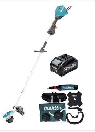 Desbrozadora de batería Makita UR 003 GM101 40 V sin escobillas IPX4 + batería 4,0 Ah + correa para el hombro + cabezal de corte + cabezal de hilo + cuchillo para moscas + bolsa - sin cargador