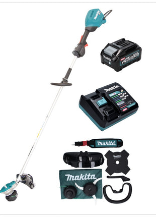 Desbrozadora de batería Makita UR 003 GM101 40 V sin escobillas IPX4 + batería 4,0 Ah + cargador + correa para el hombro + cabezal de cuchillo + cabezal de hilo + cuchillo mosca + bolsa