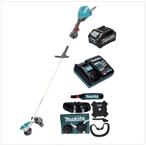 Desbrozadora de batería Makita UR 003 GM101 40 V sin escobillas IPX4 + batería 4,0 Ah + cargador + correa para el hombro + cabezal de cuchillo + cabezal de hilo + cuchillo mosca + bolsa