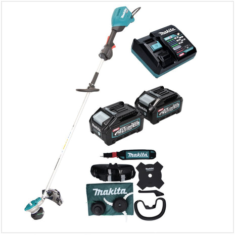 Desbrozadora de batería Makita UR 003 GM201 40 V sin escobillas IPX4 + 2x baterías 4,0 Ah + cargador + correa para el hombro + cabezal de corte + cabezal de hilo + cuchillo para moscas + bolsa