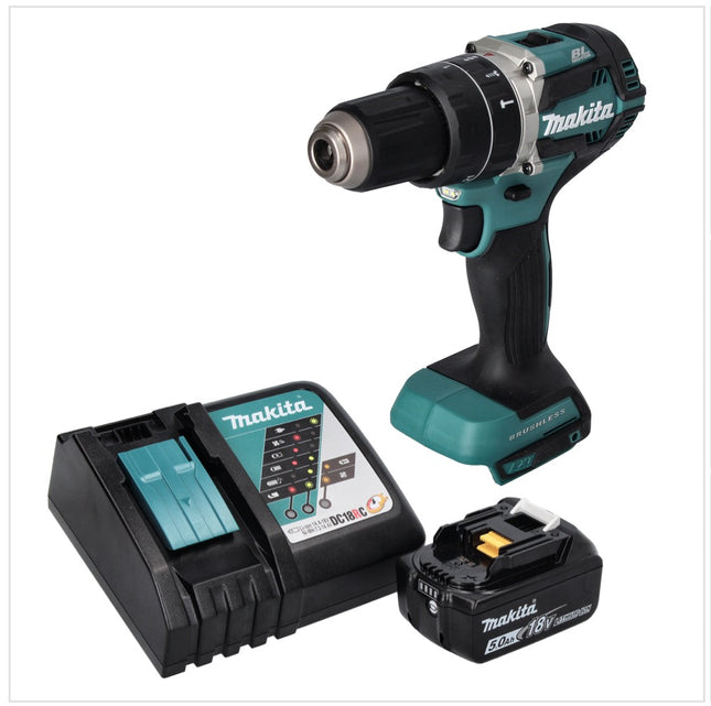 Taladro de percusión sin cable Makita DHP 484 RT1 18 V 54 Nm sin escobillas + 1x batería recargable 5,0 Ah + cargador