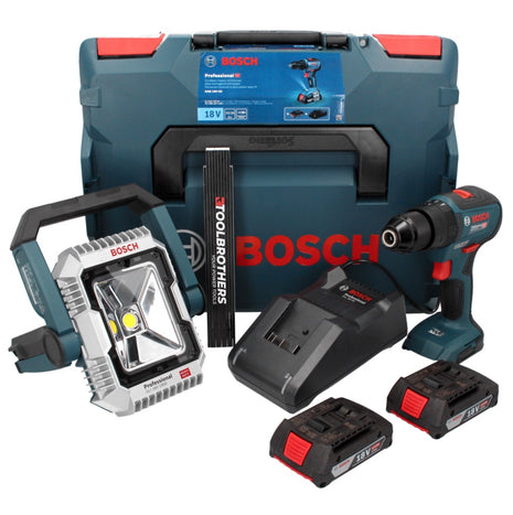 Bosch GSB 18V-55 Taladro percutor inalámbrico profesional 18 V 55 Nm sin escobillas + 2 baterías 2,0 Ah + cargador + L-Boxx + lámpara de obra con batería GLI 18 V-1900 + regla plegable Toolbrothers