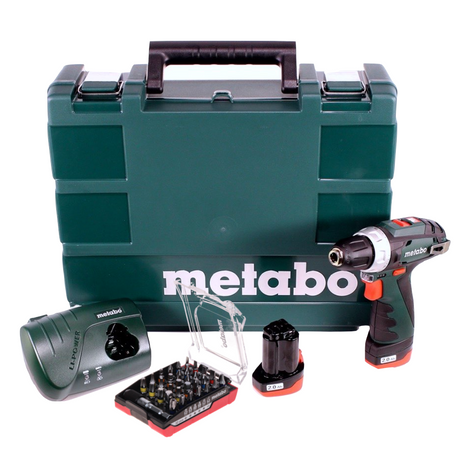 Taladro atornillador a batería Metabo Power Maxx BS 10.8 10,8 V + 2 baterías 2,0 Ah + cargador + juego de puntas 32 piezas + maletín