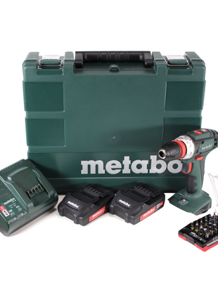 Taladro atornillador a batería Metabo BS 18 Quick 18 V 48 Nm + 2 baterías 2,0 Ah + cargador + juego de puntas 32 piezas + maletín