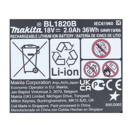 Juego de baterías recargables Makita 18 V con 2 baterías BL 1820 B 2,0 Ah ( 2x 197254-9 )