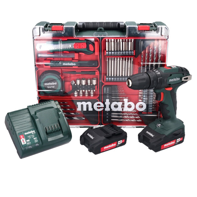 Metabo SB 18 set taladro percutor inalámbrico 18 voltios 48 Nm (602245880) + 2x baterías 2,0 Ah + cargador + juego de brocas de 88 piezas + maletín