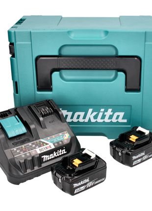 Kit de fuente de alimentación Makita de 18 V con 2 baterías BL 1830 B de 3,0 Ah (2x 197599-5) + cargador multirápido DC 18 RE (198720-9) + Makpac