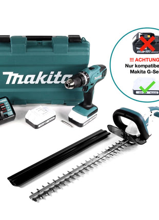 Makita HP 457 DWE taladro percutor inalámbrico Serie G 18 V 42 Nm en estuche + cortasetos inalámbrico UH 522 DZ 52 cm + 2x baterías 1,5 Ah + cargador