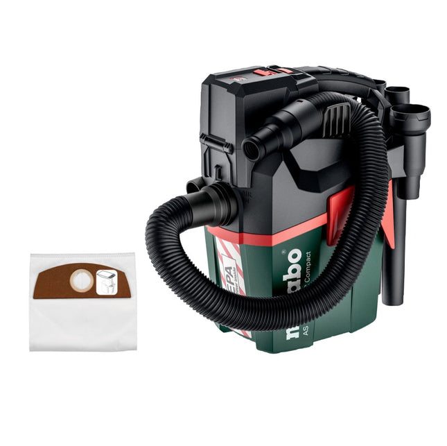 Metabo AS 18 HEPA PC Aspirador de batería compacto 18 V 6 l Aspirador en seco y húmedo con función de soplado + 5x bolsas de filtro - sin batería, sin cargador