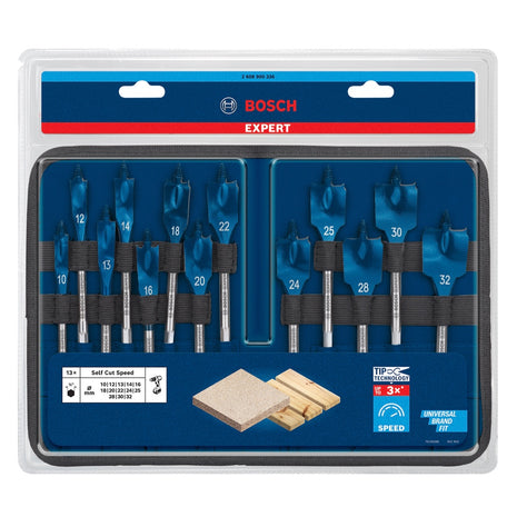 Bosch EXPERT SelfCut Speed ​​juego de brocas de fresado plano 10 - 32 mm 13 piezas (2608900336) para madera - sucesor de 2608587010