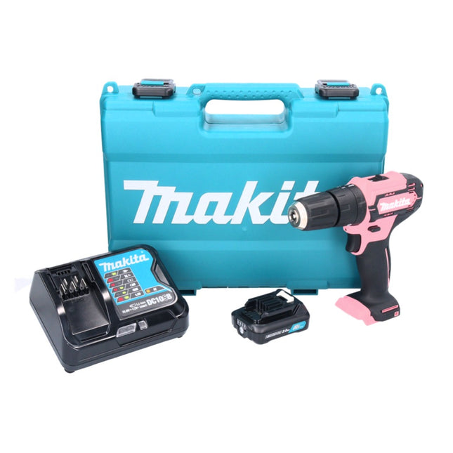 Makita HP 333 DSAP taladro percutor inalámbrico 12 V 30 Nm rosa + 1x batería 2,0 Ah + cargador + estuche
