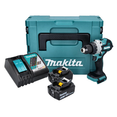 Makita DHP 486 RTJ Trapano avvitatore con percussione a batteria 18V 130Nm Brushless + 2x Batterie 5,0 Ah + Caricabatterie + Valigetta Makpac