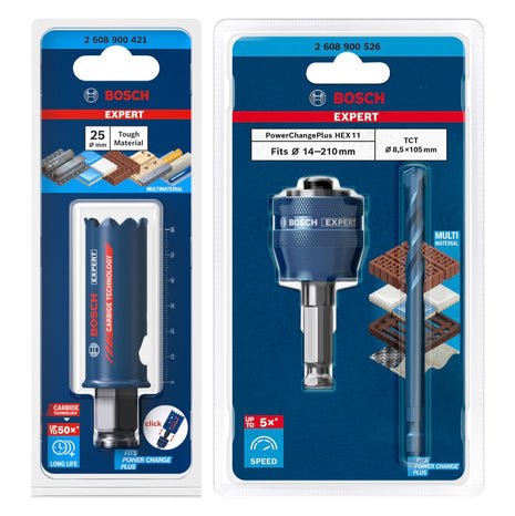 Bosch EXPERT Juego básico de sierra perforadora para materiales resistentes, 25 x 60 mm, carburo (2608900421), universal + adaptador de cambio de corriente (2608900526)