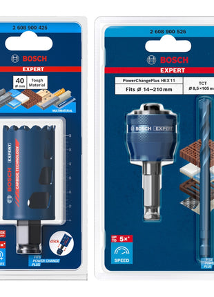 Bosch EXPERT Juego básico de sierra perforadora para materiales resistentes, carburo de 40 x 60 mm (2608900425) universal + adaptador de cambio de corriente (2608900526)