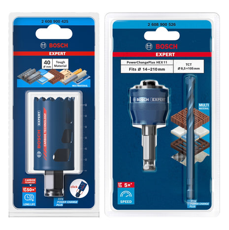 Bosch EXPERT Juego básico de sierra perforadora para materiales resistentes, carburo de 40 x 60 mm (2608900425) universal + adaptador de cambio de corriente (2608900526)