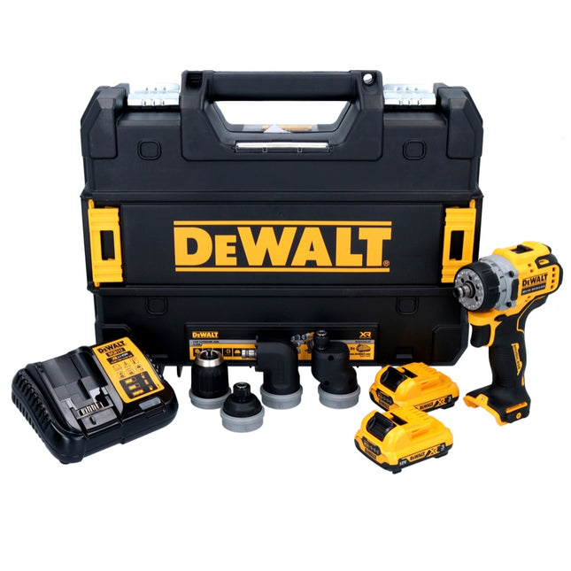 Taladro atornillador sin cable y sin escobillas DeWalt DCD 703 L2T 12 V 57,5 Nm + 2 baterías 3 Ah + cargador + maletín TSTAK + 4 adaptadores de portabrocas