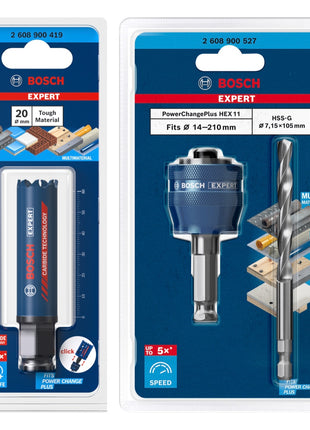 Bosch EXPERT Tough Material Lochsägen Starter Set 20 x 60 mm Carbide ( 2608900419 ) Universal + Power Change Adapter ( 2608900527 )